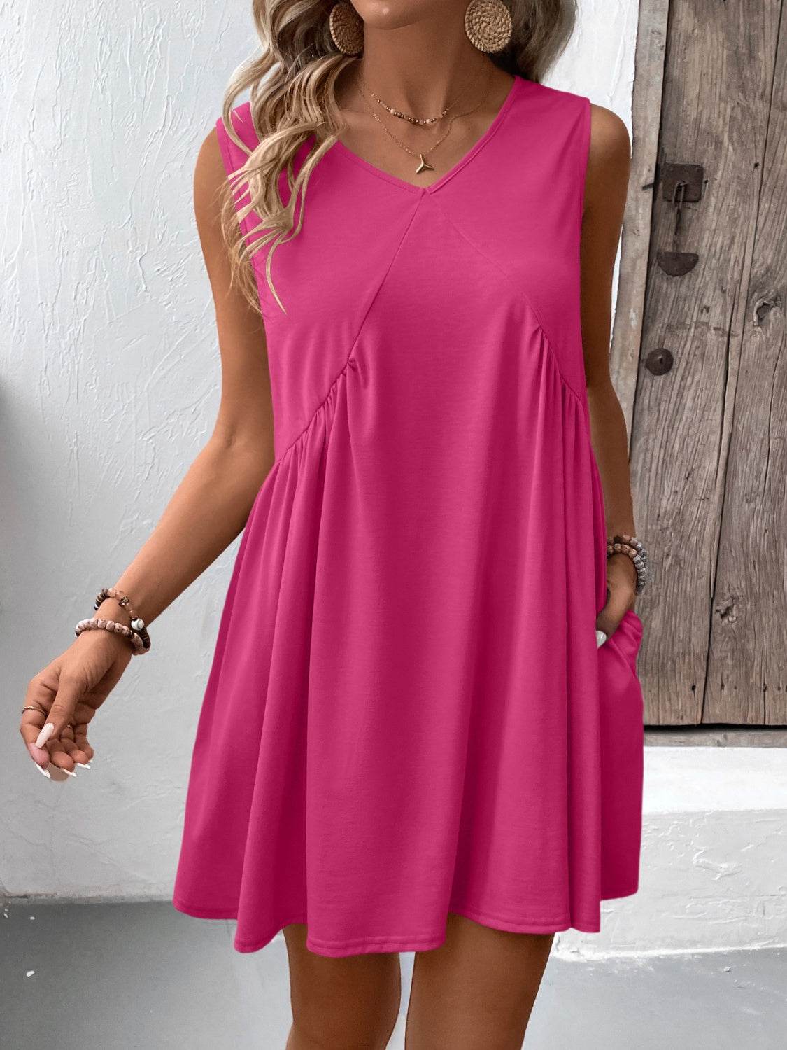 Ivy Lane Ruched V-Neck Sleeveless Mini Dress - UnLaced Boutique