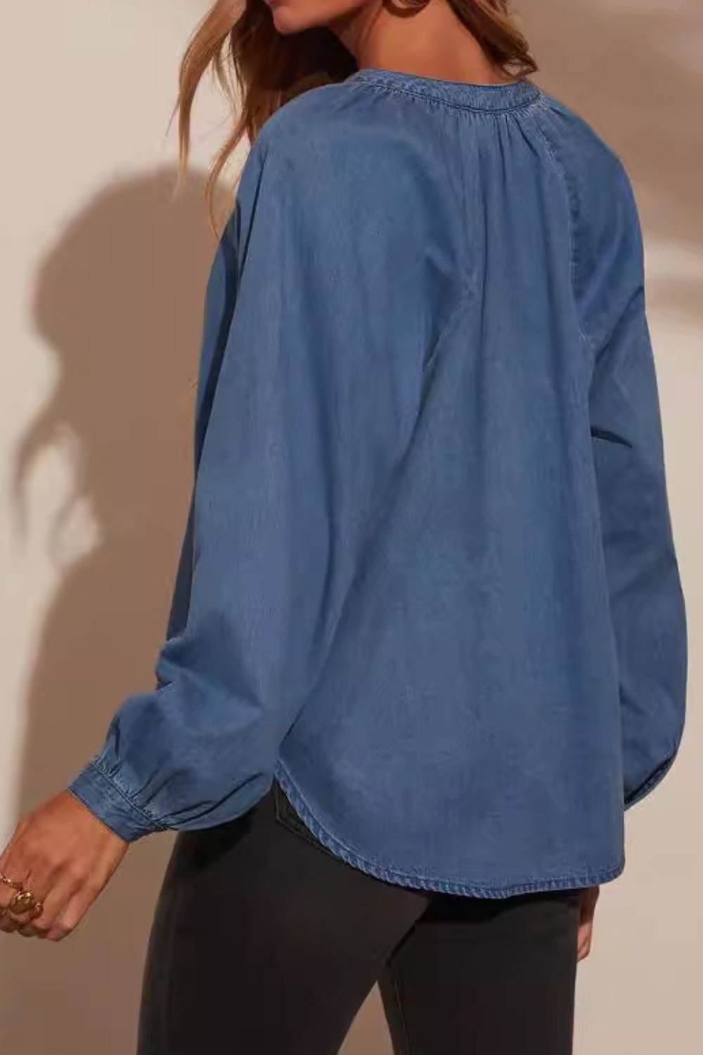 Plunge Button Up Long Sleeve Denim Top - UnLaced Boutique