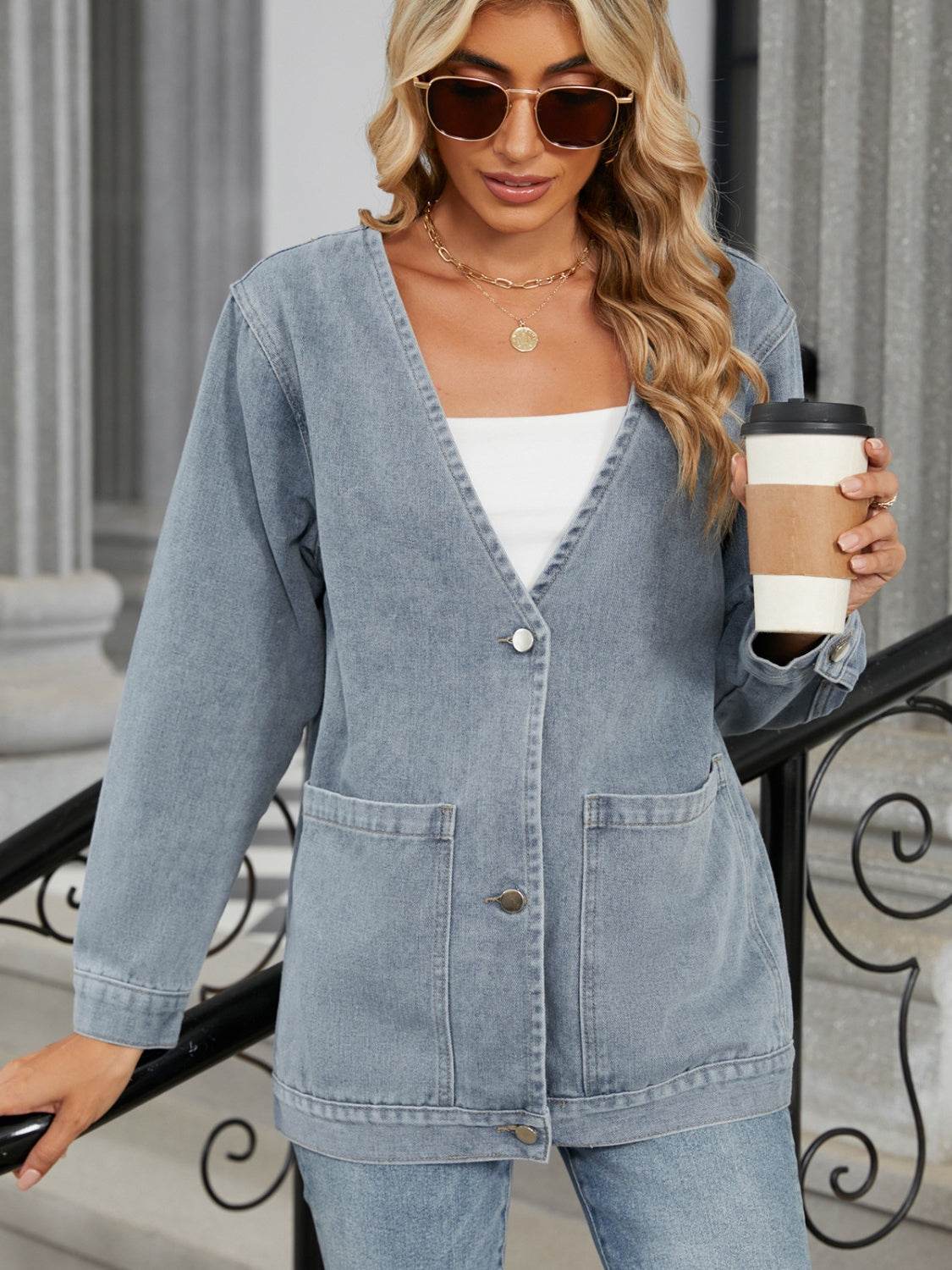 Pocketed V-Neck Button Up Denim Jacket - UnLaced Boutique