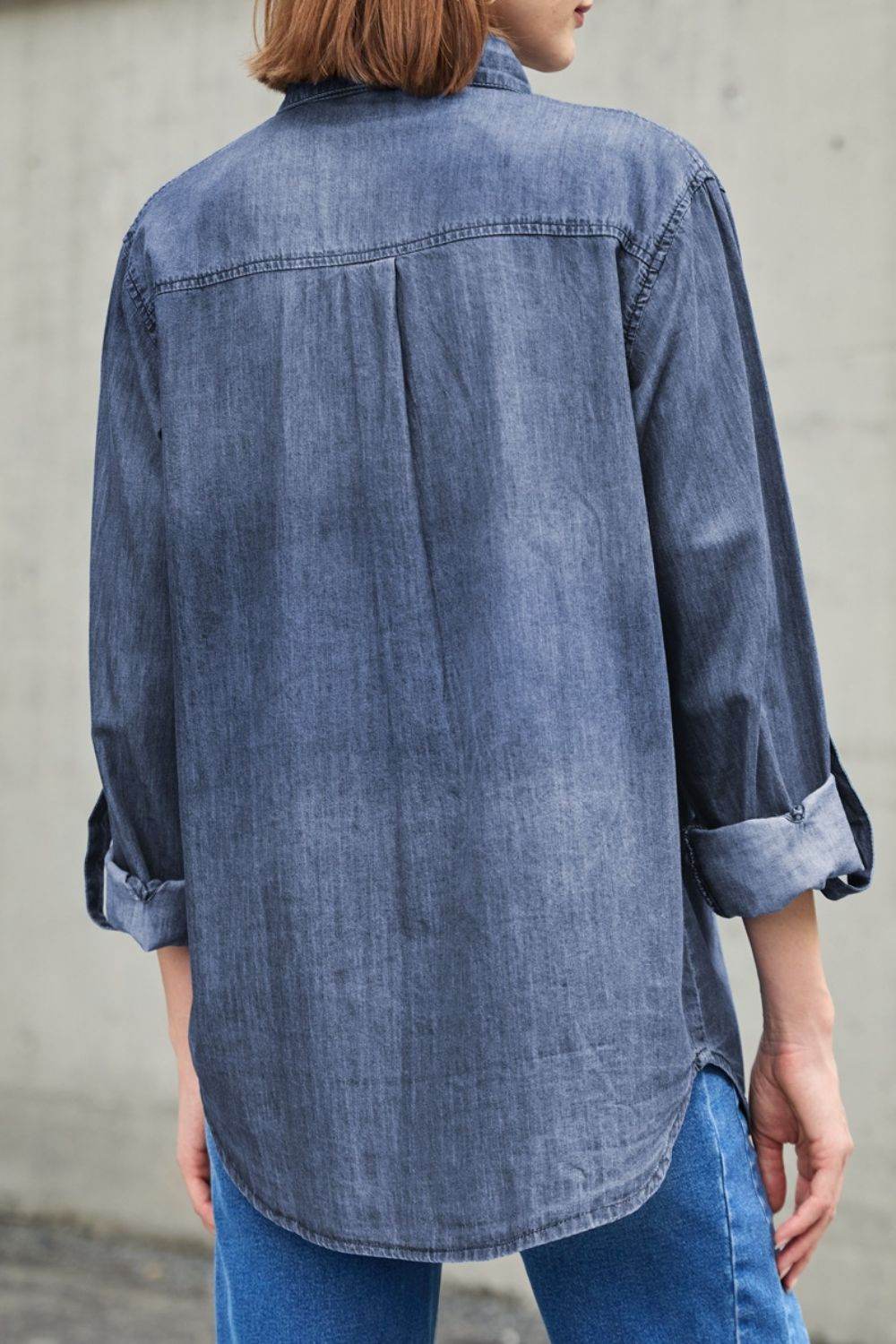 Pocketed Collared Neck Long Sleeve Denim Top - UnLaced Boutique