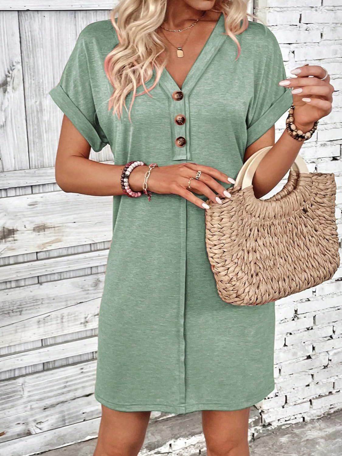 Quarter Button V-Neck Short Sleeve Dress - UnLaced Boutique