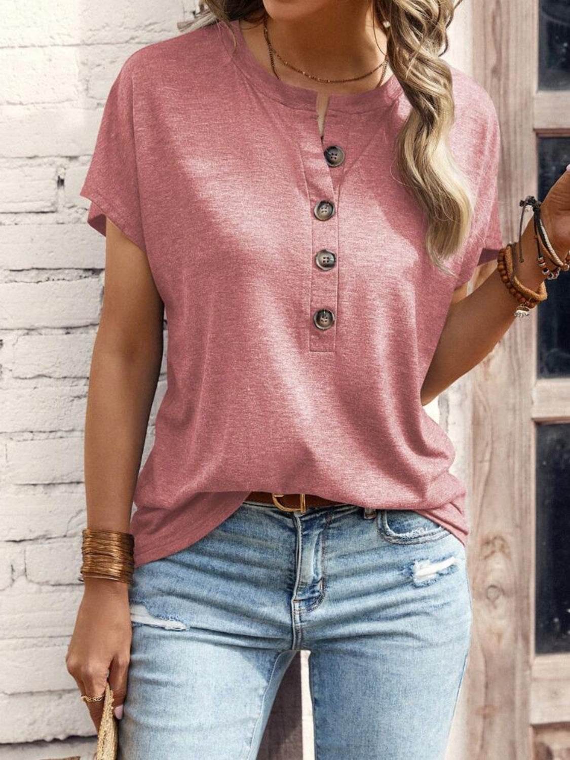 Half Button Short Sleeve Top - UnLaced Boutique