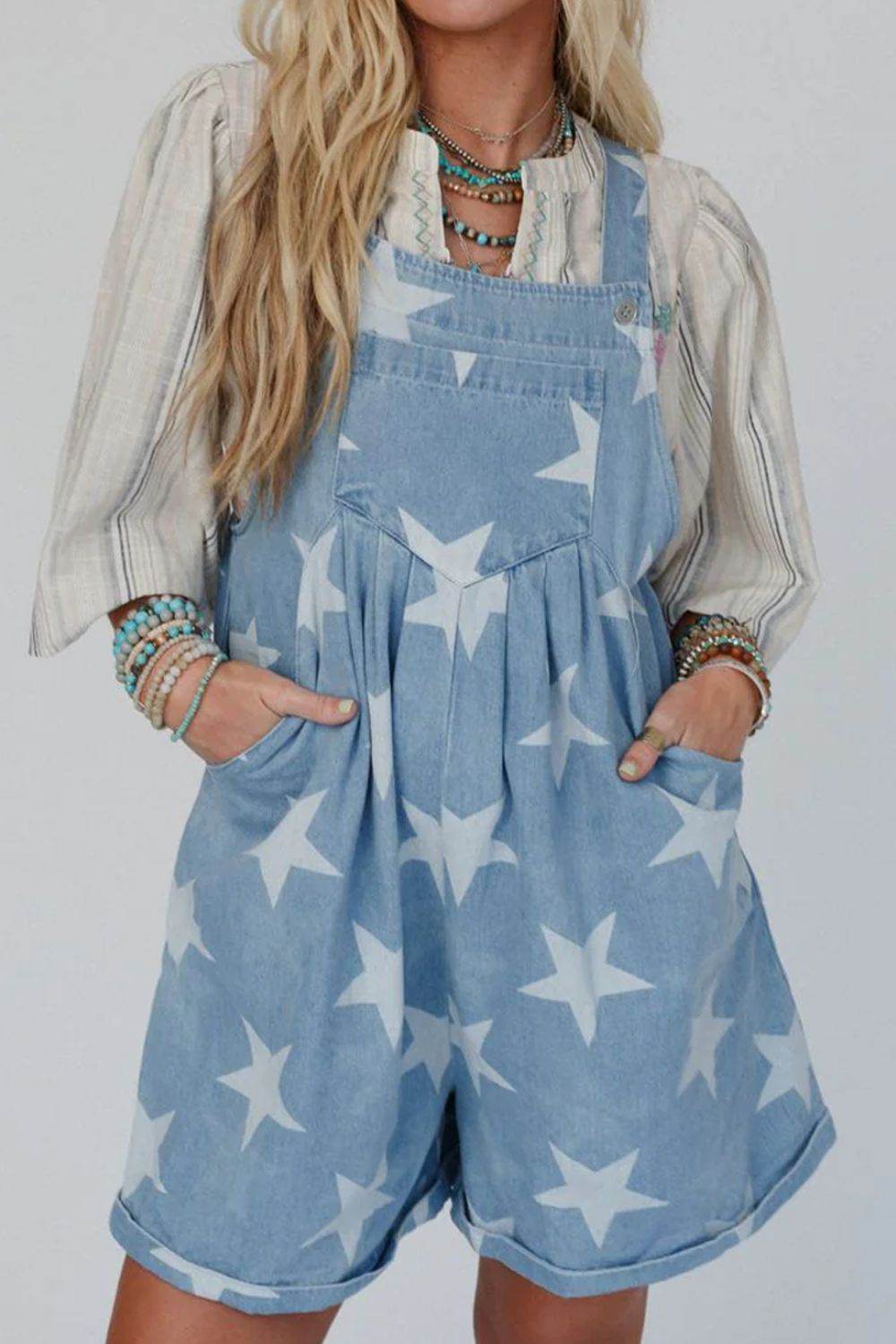 Star Print Square Neck Denim Overalls - UnLaced Boutique
