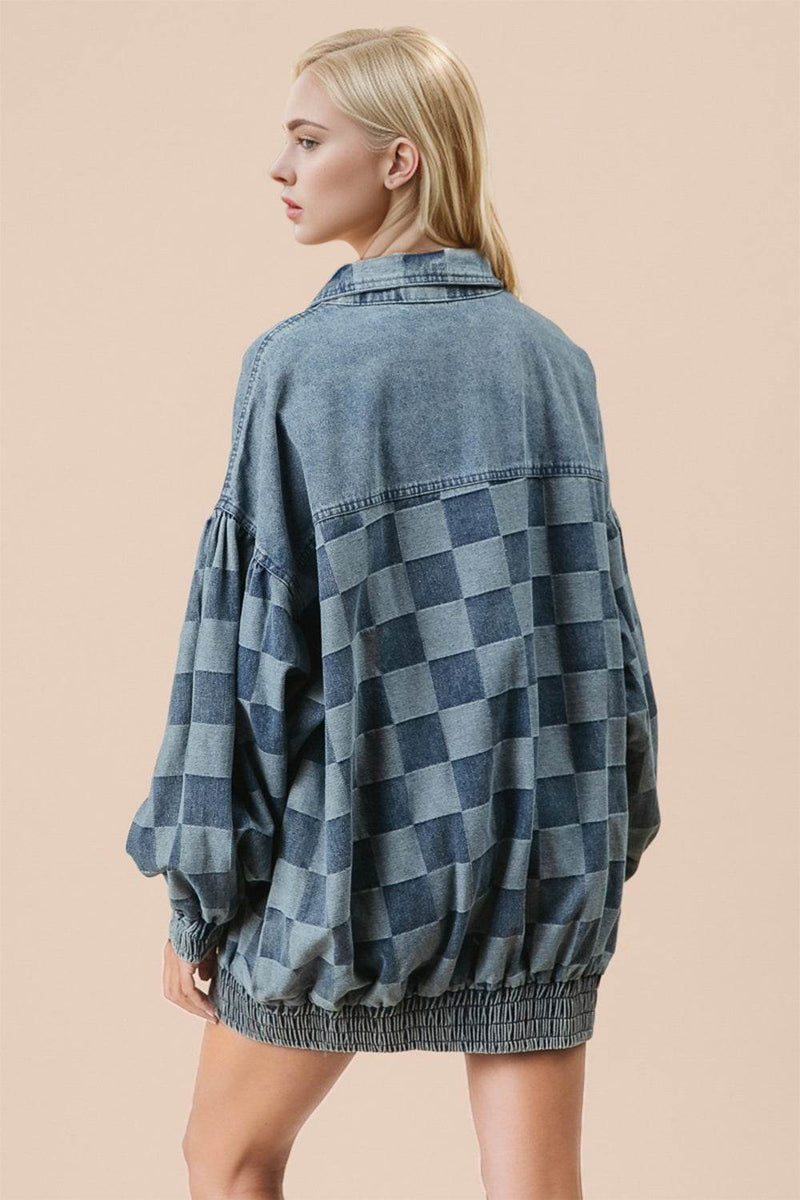 Double Take Checkered Button Up Denim Jacket - UnLaced Boutique