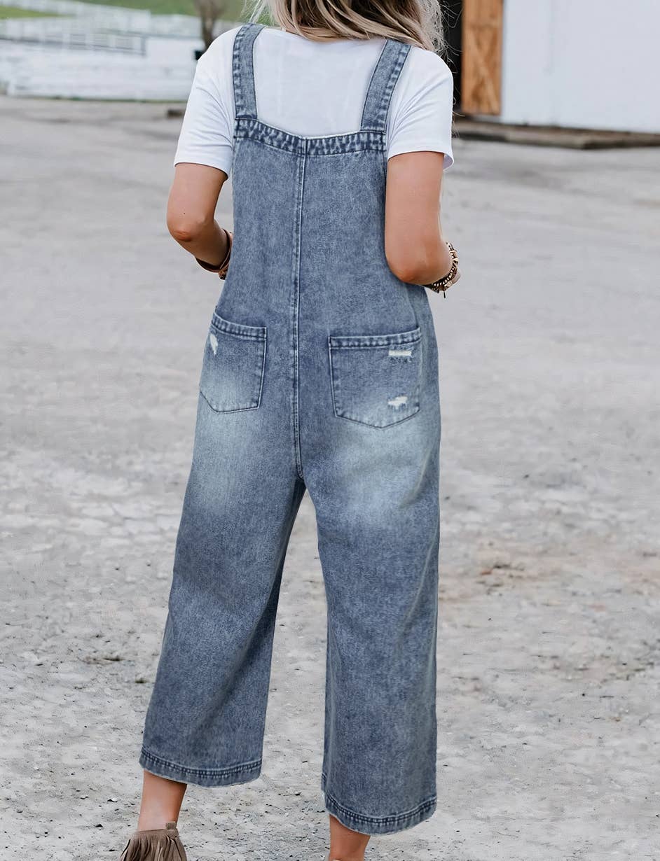 Distressed Bib Pocket Wide Leg Denim Overall