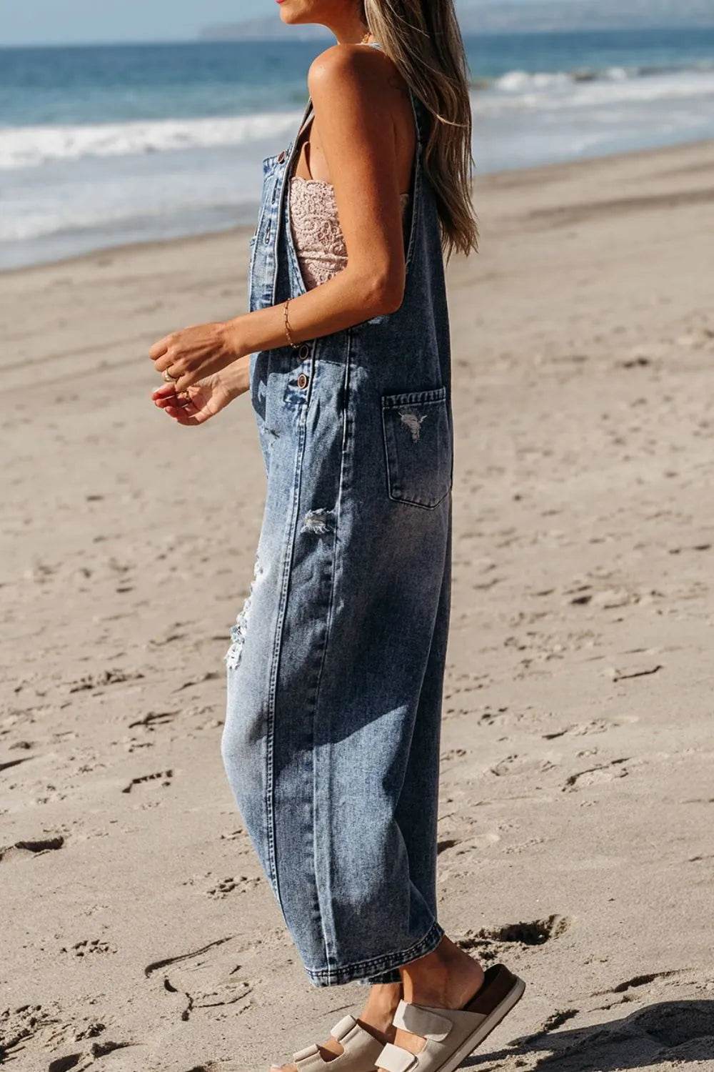 Distressed Bib Pocket Wide Leg Denim Overalls - UnLaced Boutique