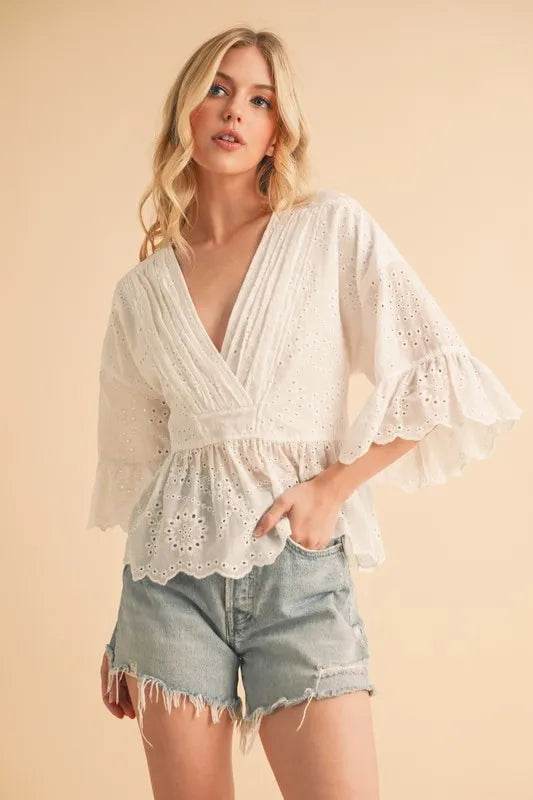 Aemi+Co Flounce Sleeve Eyelet Peplum Top - UnLaced Boutique