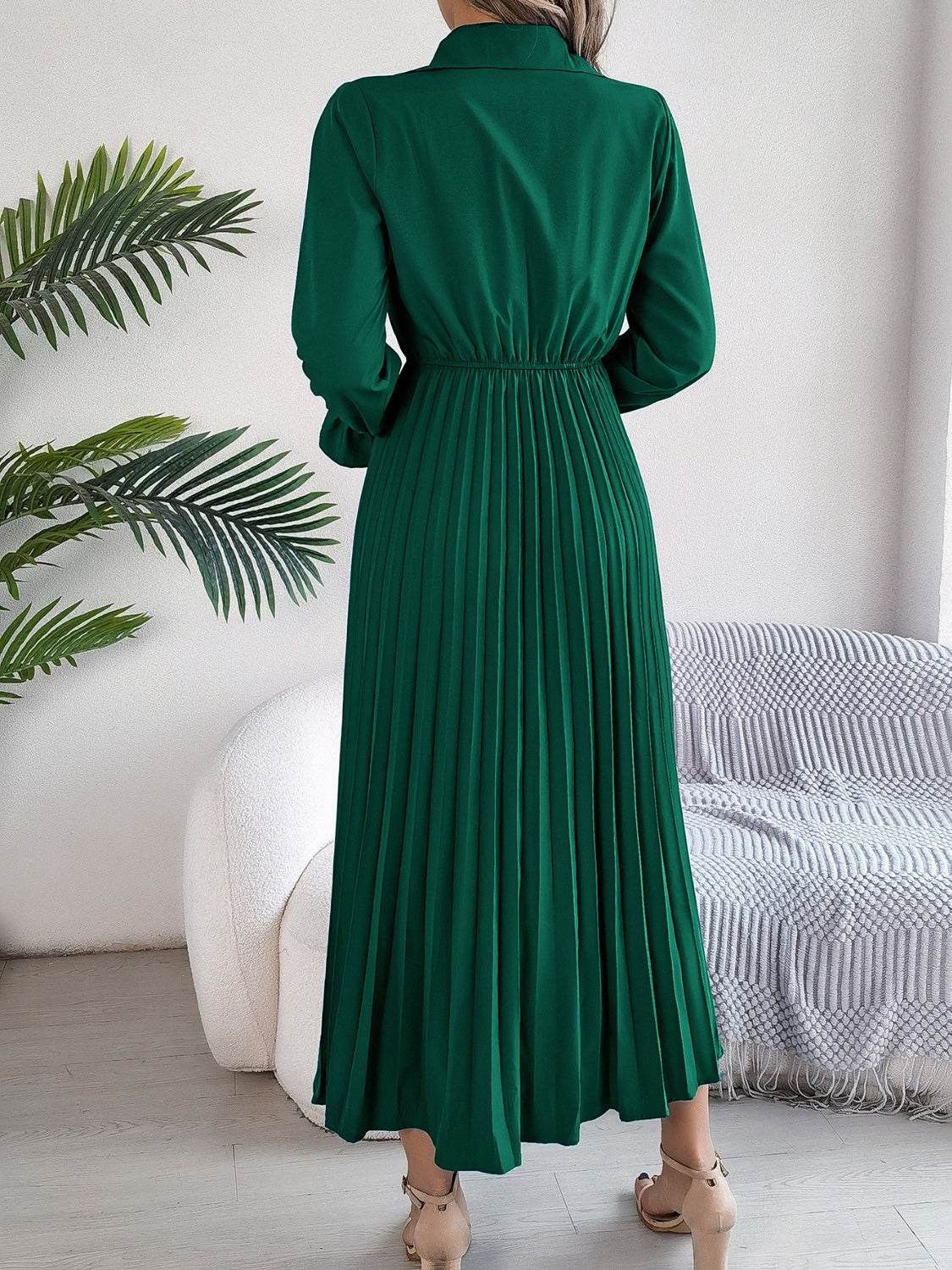 Pleated Half Button Long Sleeve Midi Dress - UnLaced Boutique