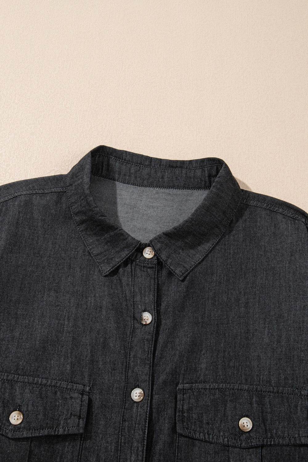 Pocketed Collared Neck Long Sleeve Denim Top - UnLaced Boutique