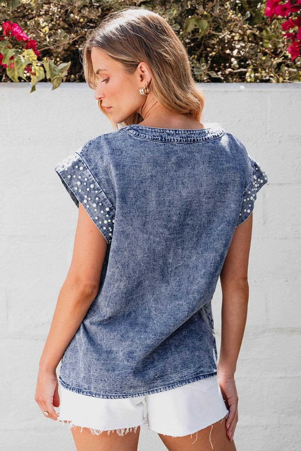 Pearl Trim Round Neck Cap Sleeve Denim Top - UnLaced Boutique