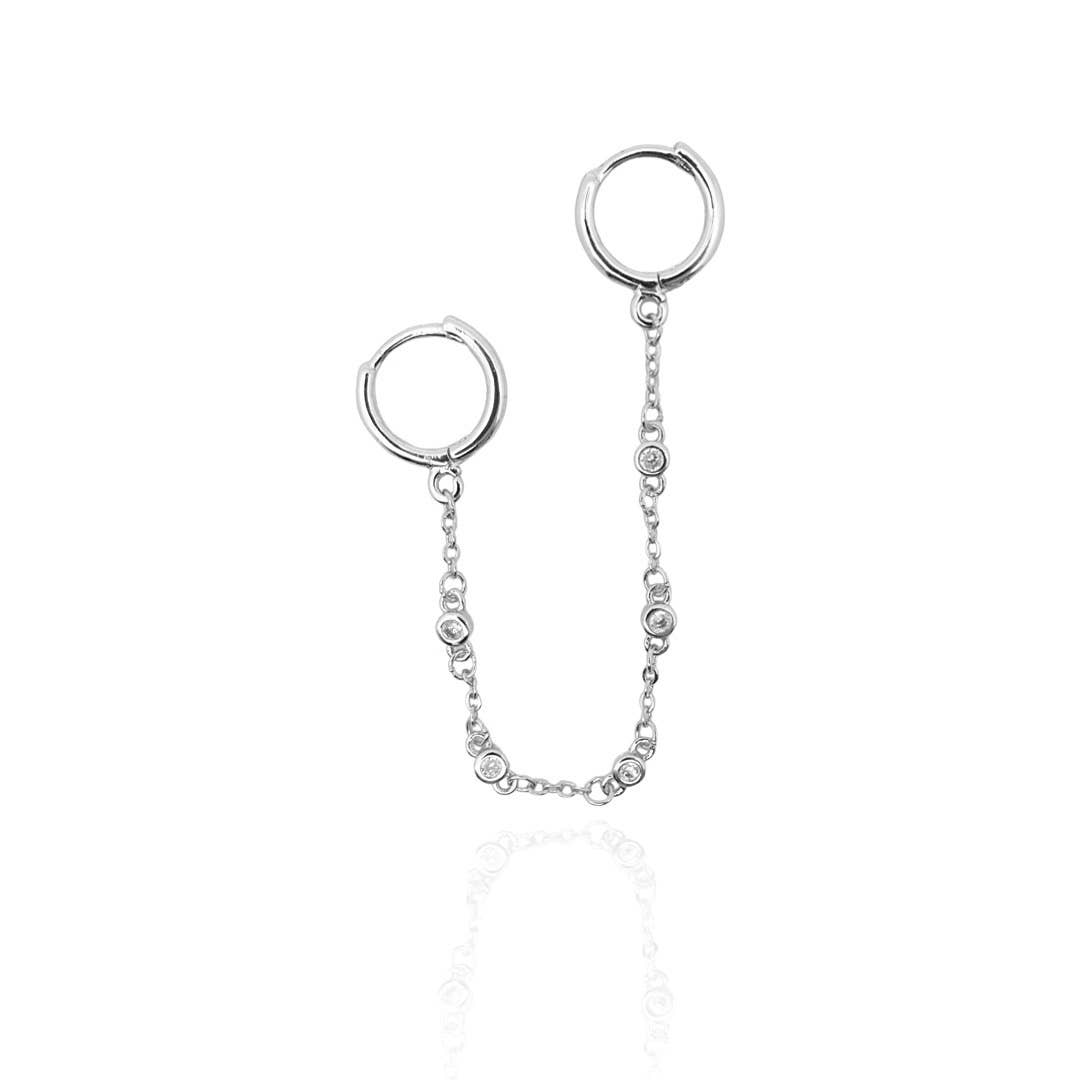 Double Hoop CZ Bezel Chain Earrings