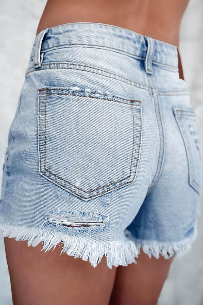 Distressed Raw Hem High Waist Denim Shorts - UnLaced Boutique