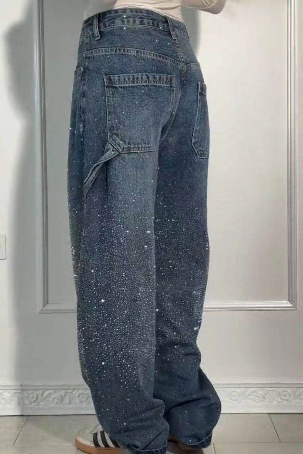 Full Size Washed Rhinestone Detail Wide leg Jeans Plus Size - UnLaced Boutique