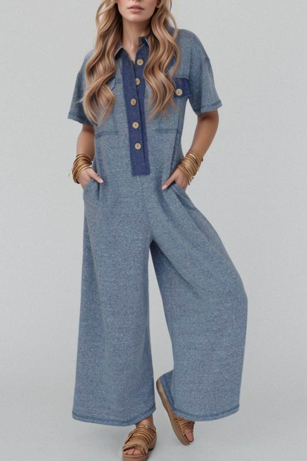 Placket Chest Pockets Short Sleeve Wide Leg Jumpsuit - UnLaced Boutique