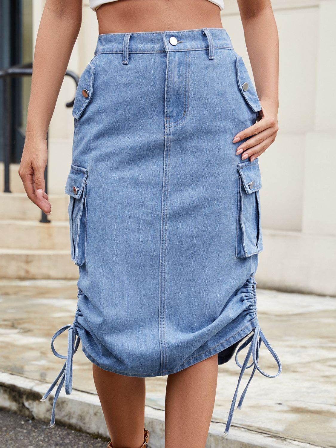 Drawstring Denim Skirt with Cargo Pockets - UnLaced Boutique