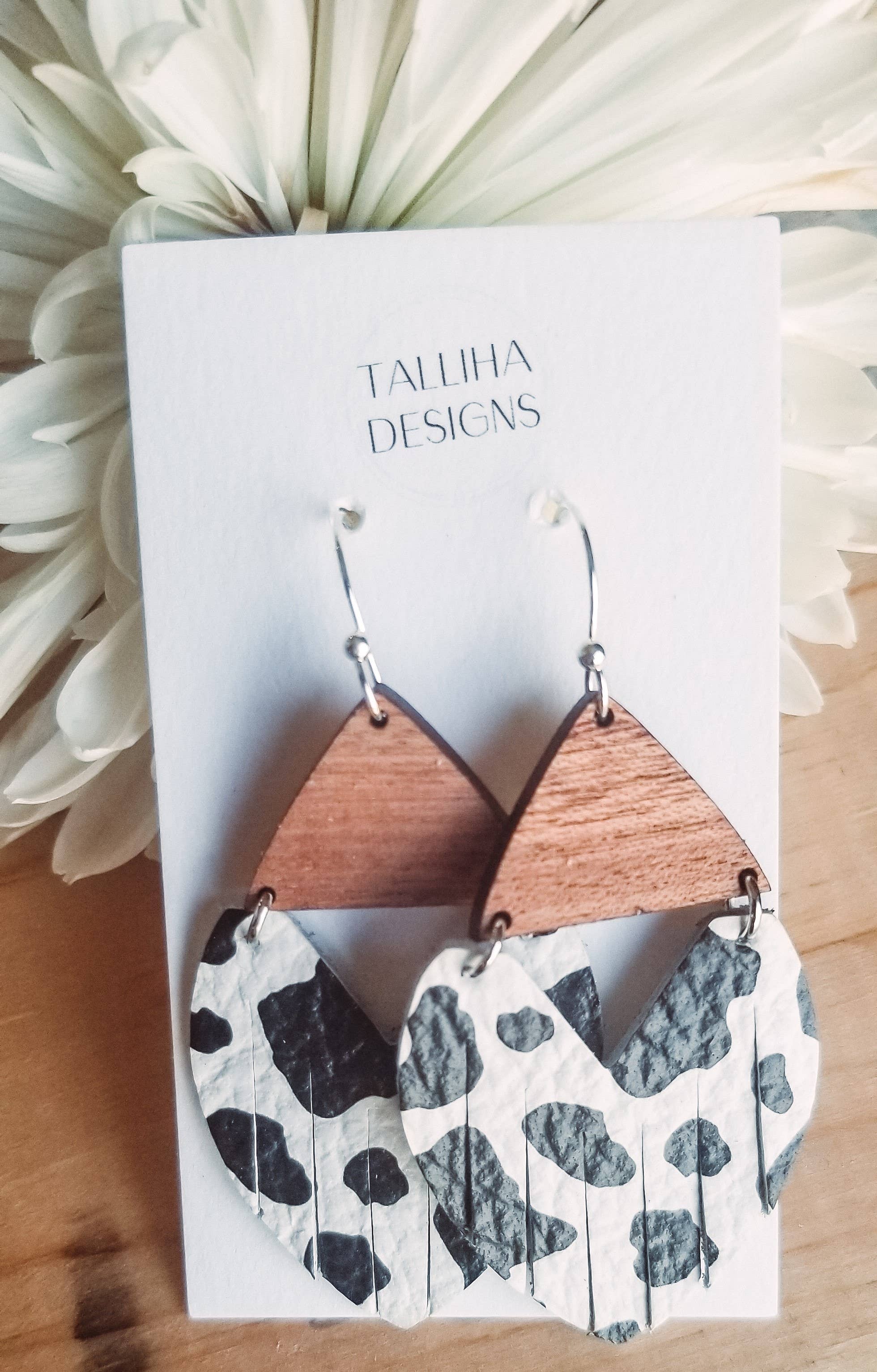 Cow Print Stella Genuine Leather & Wood Earrings