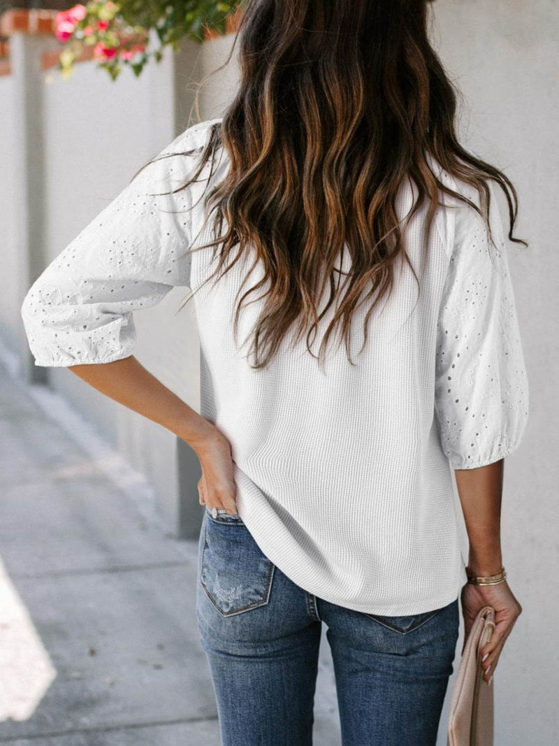 Eyelet Tie Neck Three-Quarter Sleeve Blouse - UnLaced Boutique