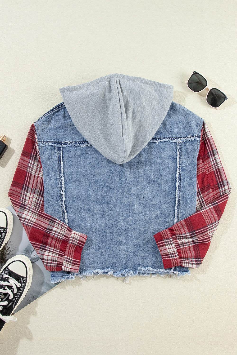 Raw Hem Drawstring Plaid Denim Jacket - UnLaced Boutique
