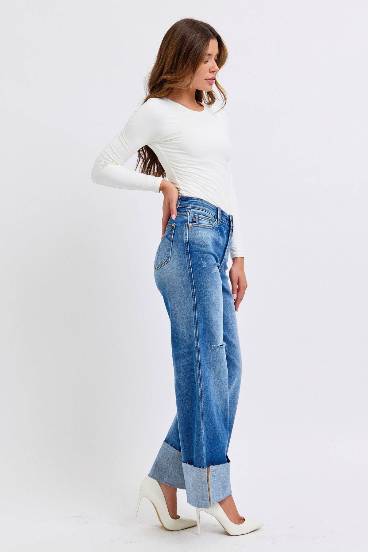 Judy Blue Full Size Distressed High Waist Wide Leg Jeans - UnLaced Boutique
