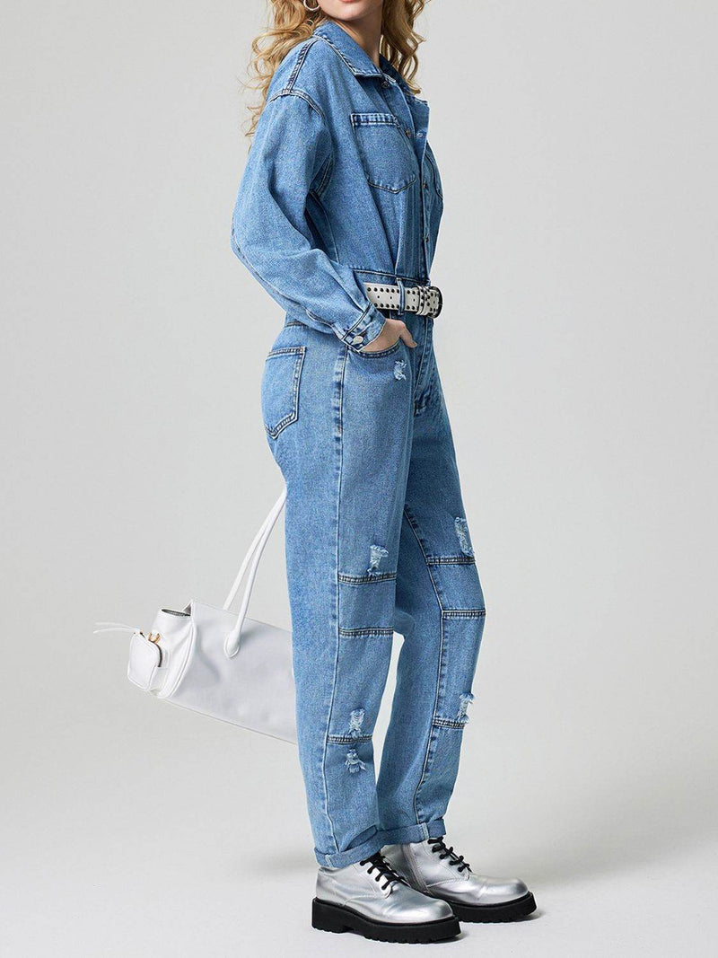 Distressed Button Down Drop Shoulder Denim Jumpsuit - UnLaced Boutique