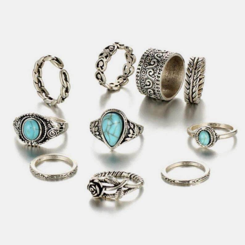 Artificial Turquoise Alloy Ring 10-Piece Set - UnLaced Boutique