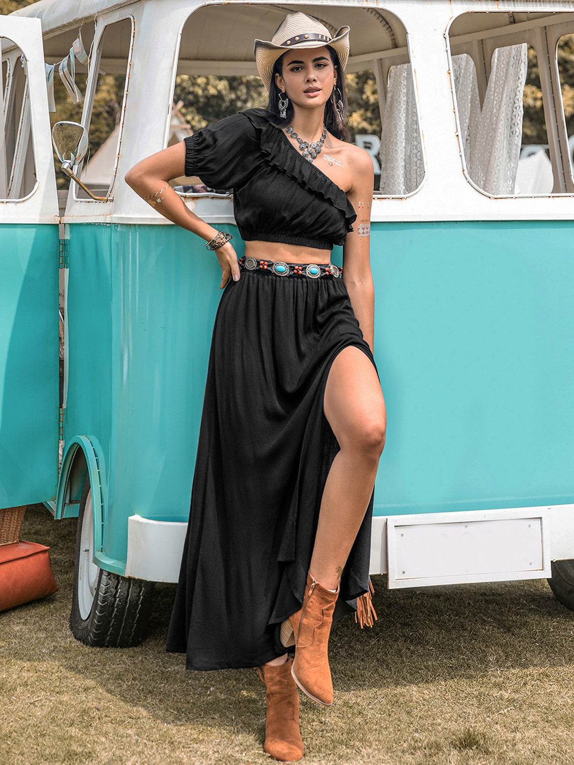 Ruffled Single Shoulder Top and Slit Skirt Set - UnLaced Boutique