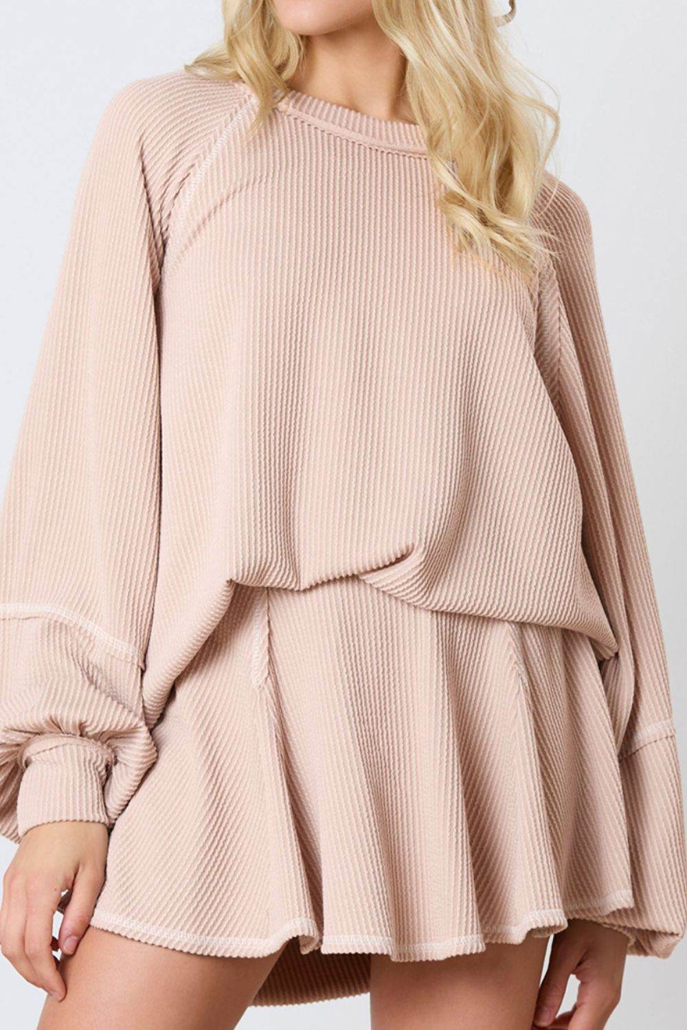 Texture Round Neck Long Sleeve Top and Skirt Set - UnLaced Boutique