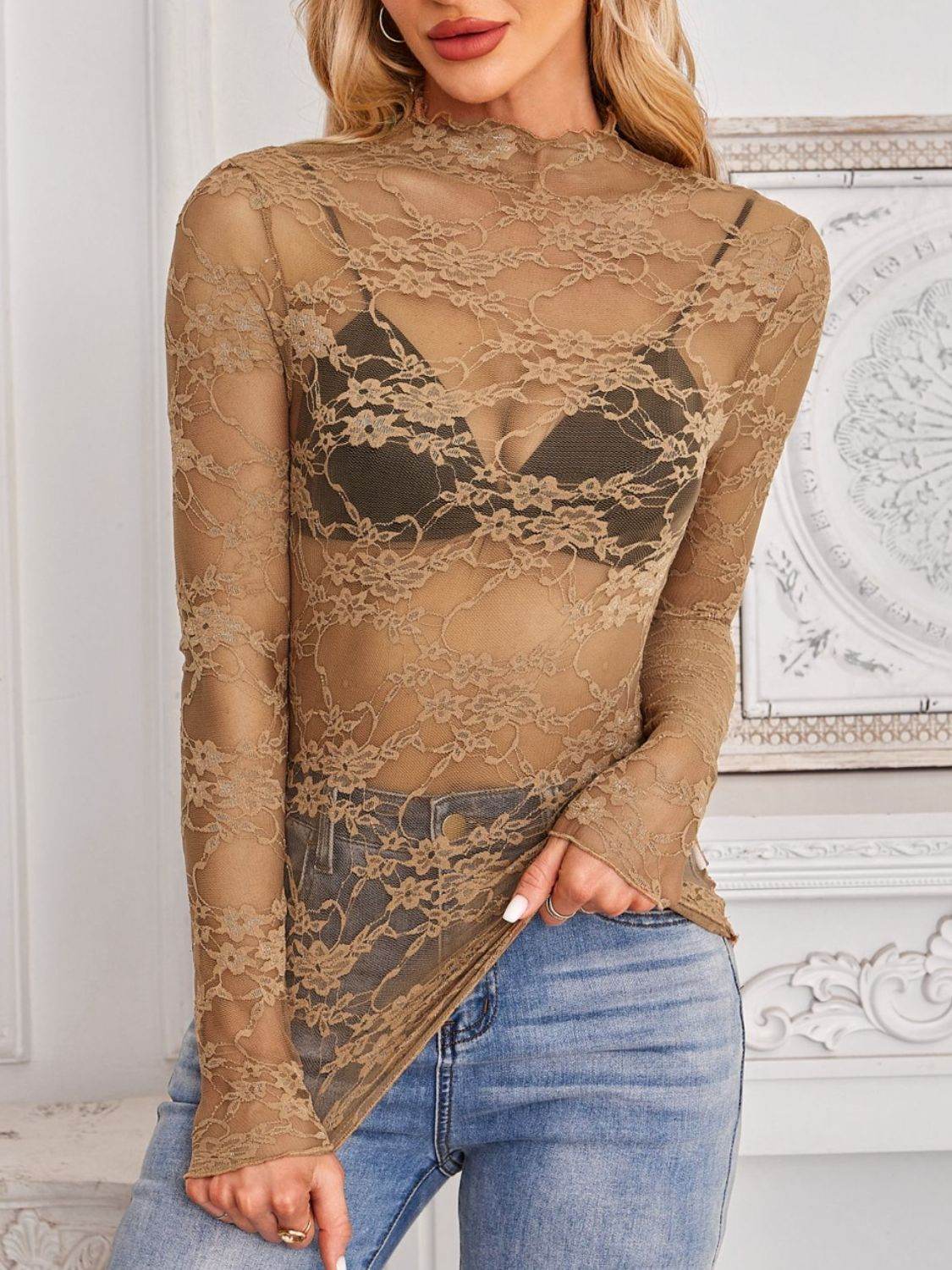 Mock Neck Long Sleeve Lace Sheer Top - UnLaced Boutique