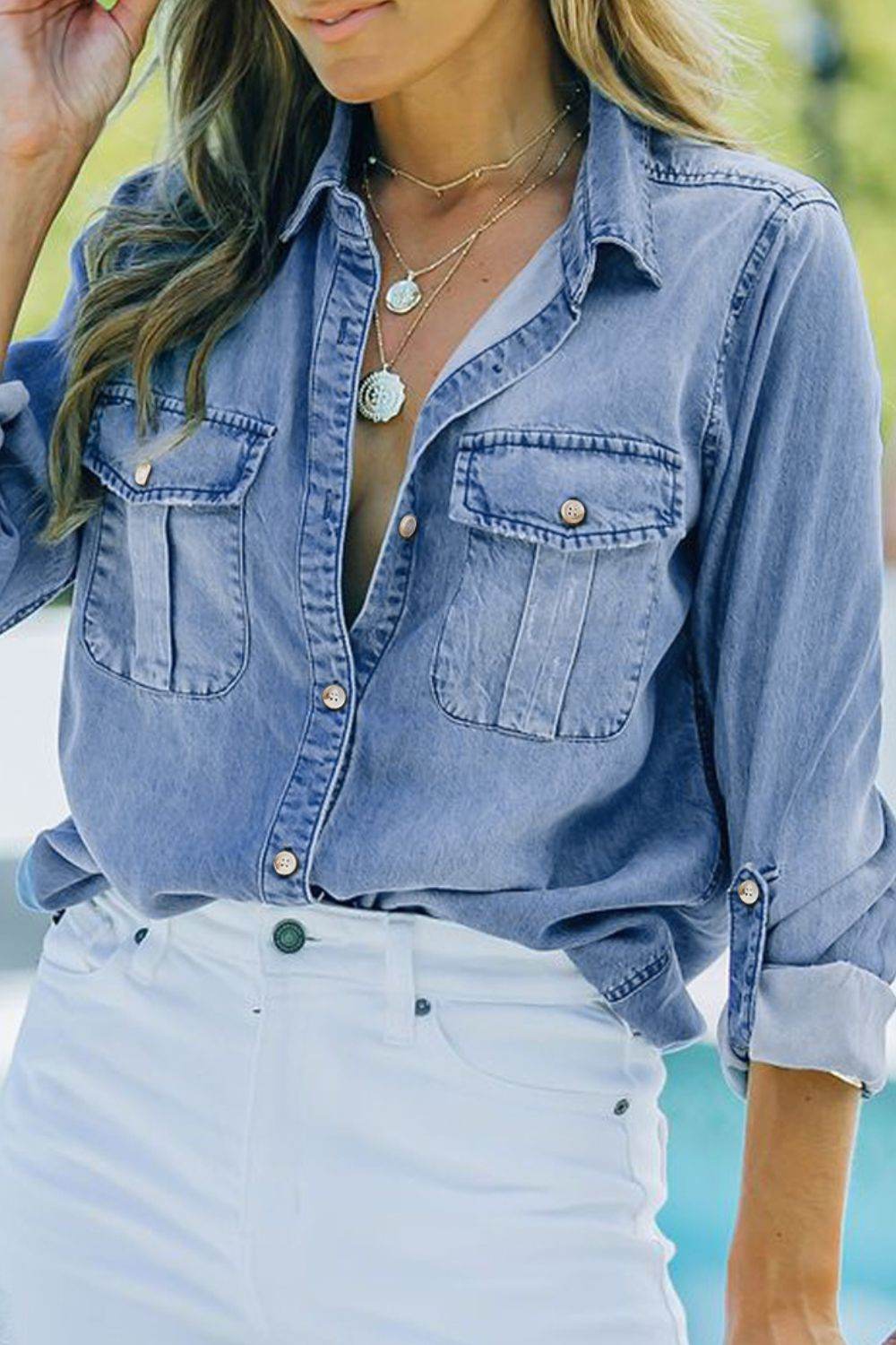 Pocketed Collared Neck Long Sleeve Denim Top - UnLaced Boutique