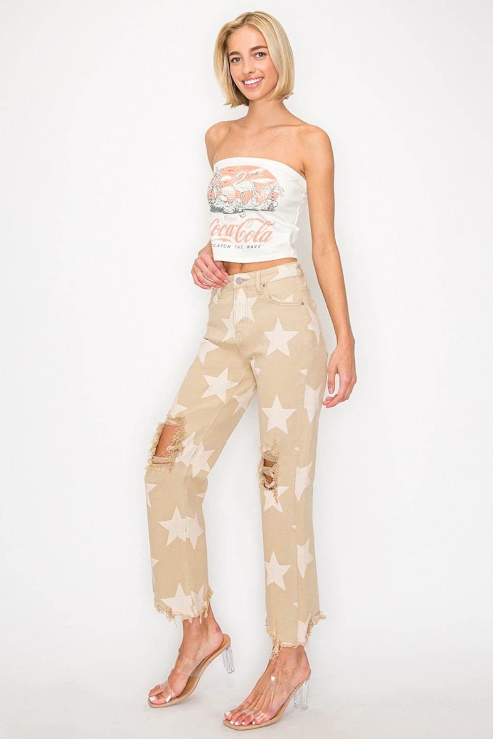 RISEN Full Size High Rise Star Printed Frayed Hem Jeans - UnLaced Boutique