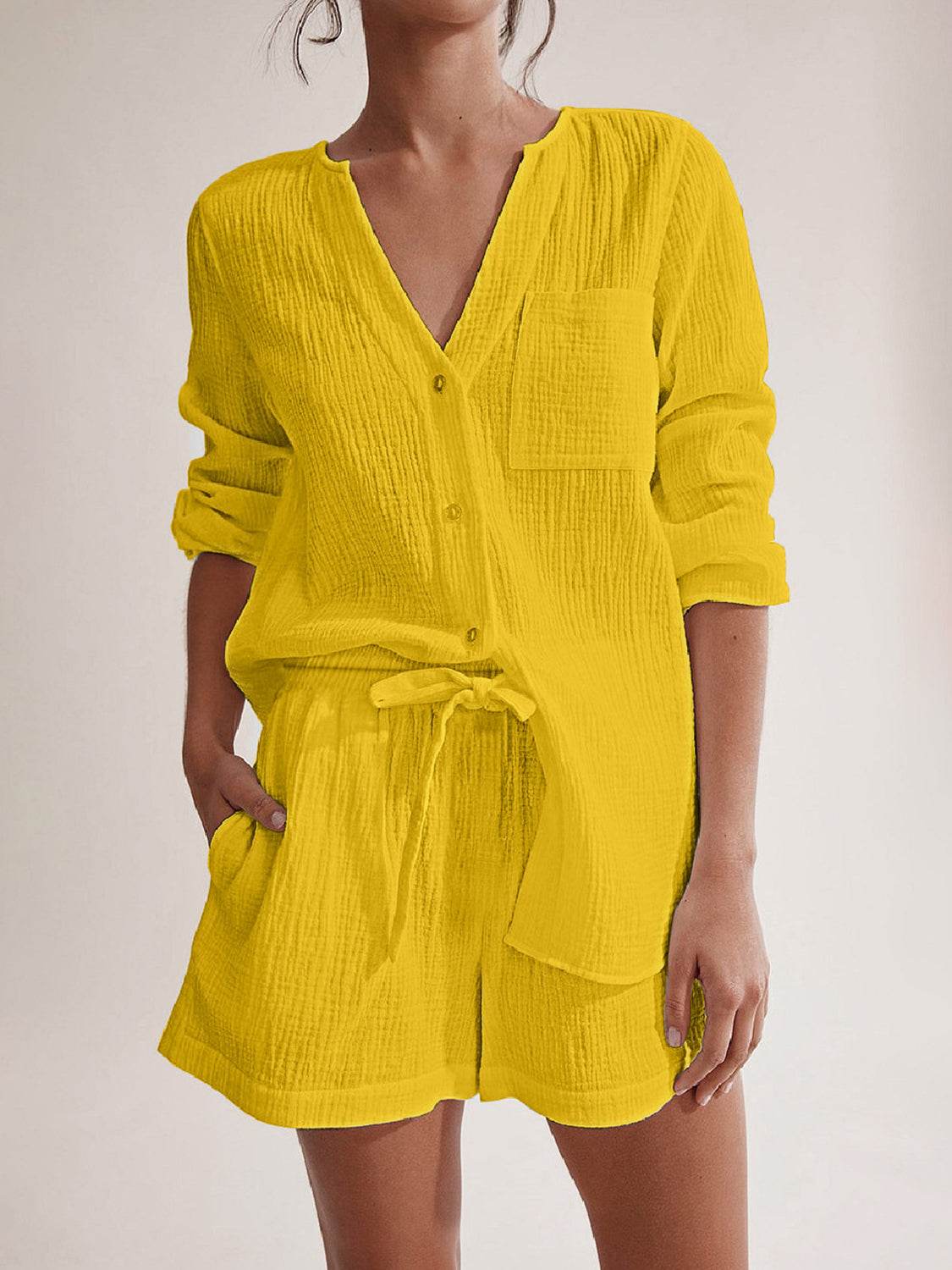 Notched Long Sleeve Top and Shorts Set - UnLaced Boutique