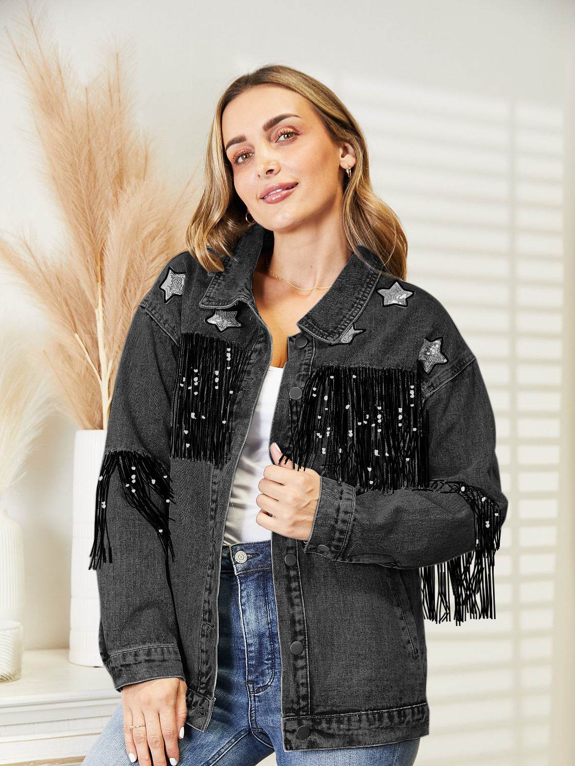 Fringe Detail Long Sleeve Denim Jacket - UnLaced Boutique