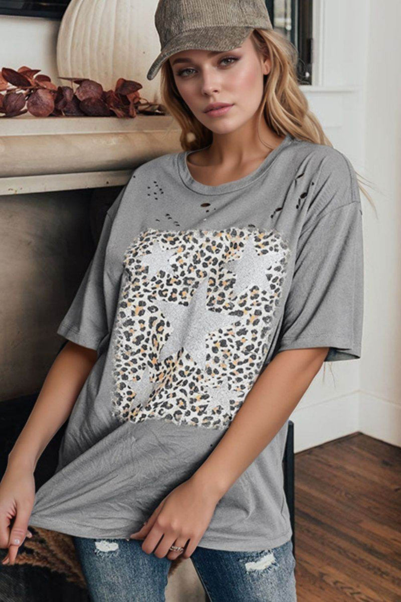 Stars Leopard Graphic Distressed T-Shirt - UnLaced Boutique