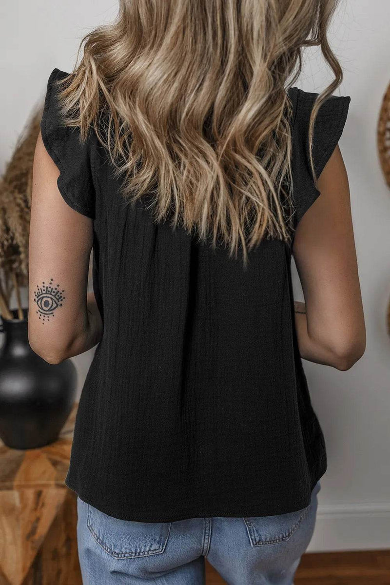 Ruffled Shoulder Notched Shift Tank Top - UnLaced Boutique