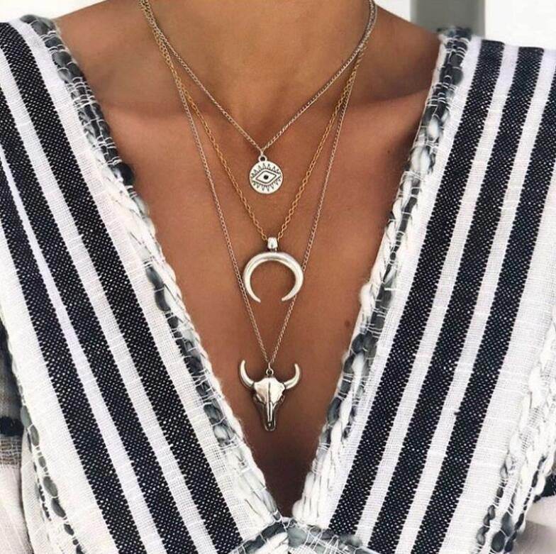 Alloy Three-Layered Bull Head Pendant Necklace - UnLaced Boutique