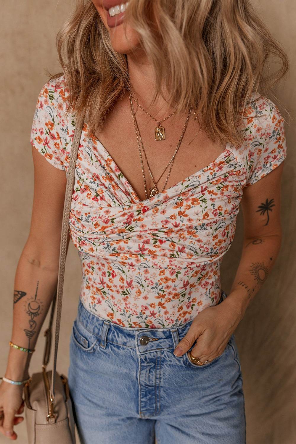 Printed Ruched Short Sleeve Bodysuit - UnLaced Boutique