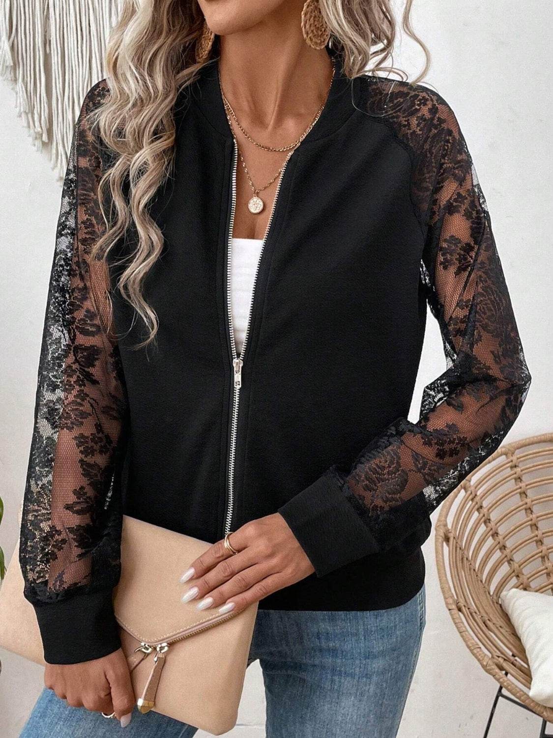 Lace Baseball Collar Zip Up Jacket - UnLaced Boutique