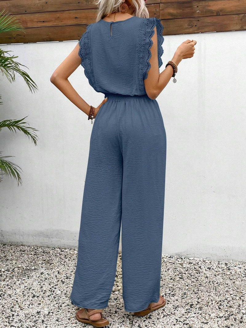 Lace Trim Round Neck Top and Pants Set - UnLaced Boutique
