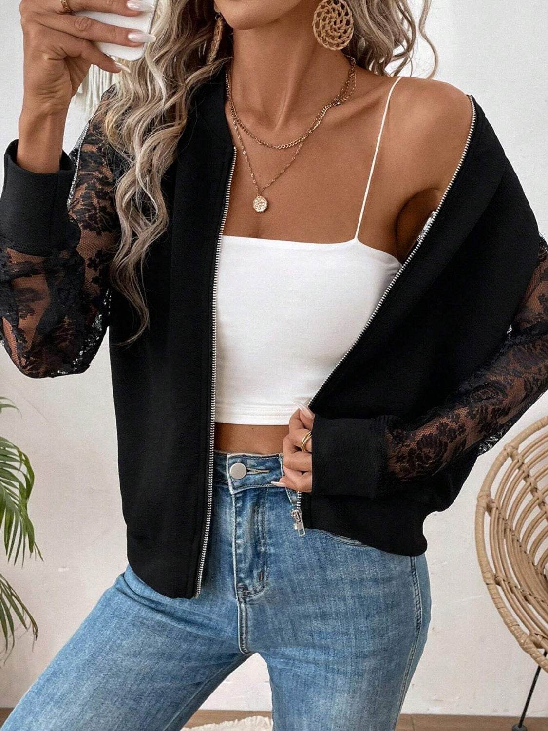 Lace Baseball Collar Zip Up Jacket - UnLaced Boutique