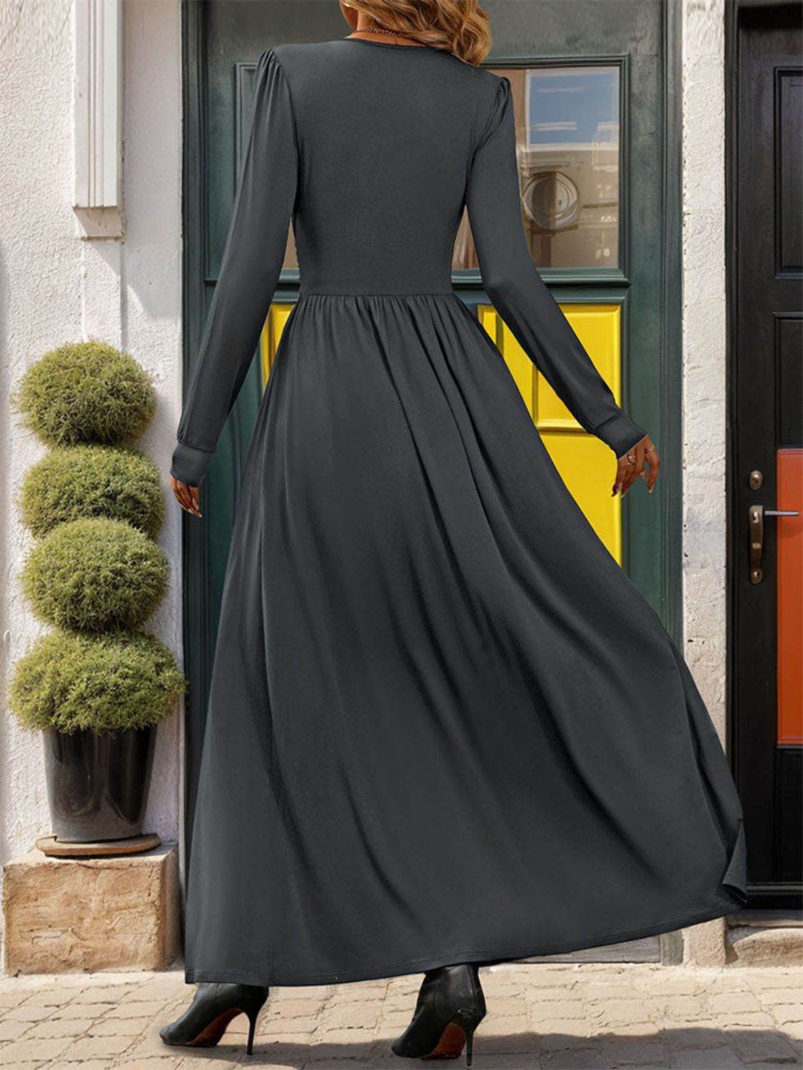 Perfee Lace Detail Slit V-Neck Long Sleeve Dress - UnLaced Boutique