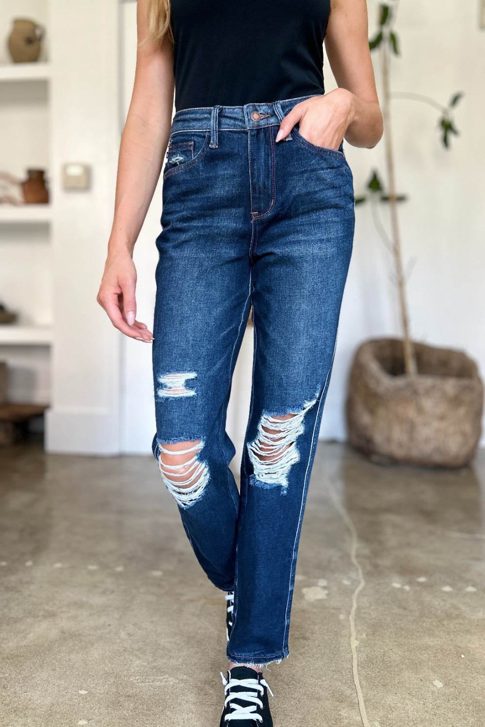 Judy Blue Full Size High Waist Rigid Magic Heavy Destroy Straight Jeans - UnLaced Boutique