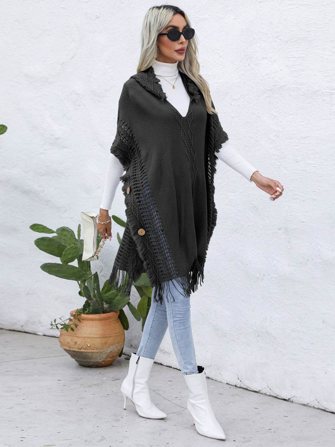 Fringe Trim Buttoned Hooded Poncho - UnLaced Boutique