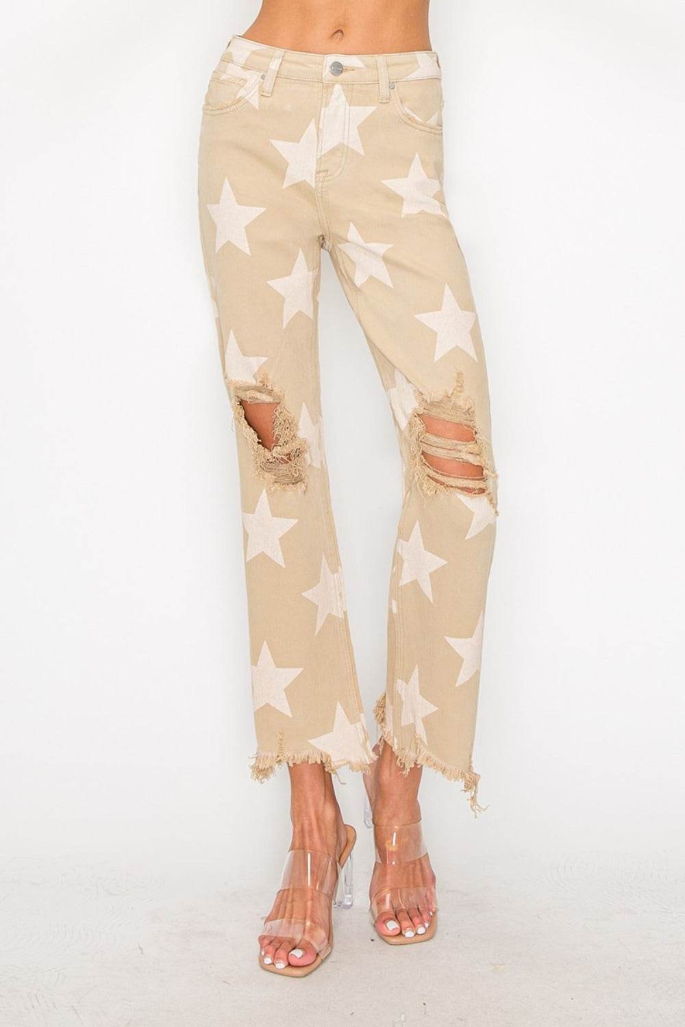 RISEN Full Size High Rise Star Printed Frayed Hem Jeans - UnLaced Boutique
