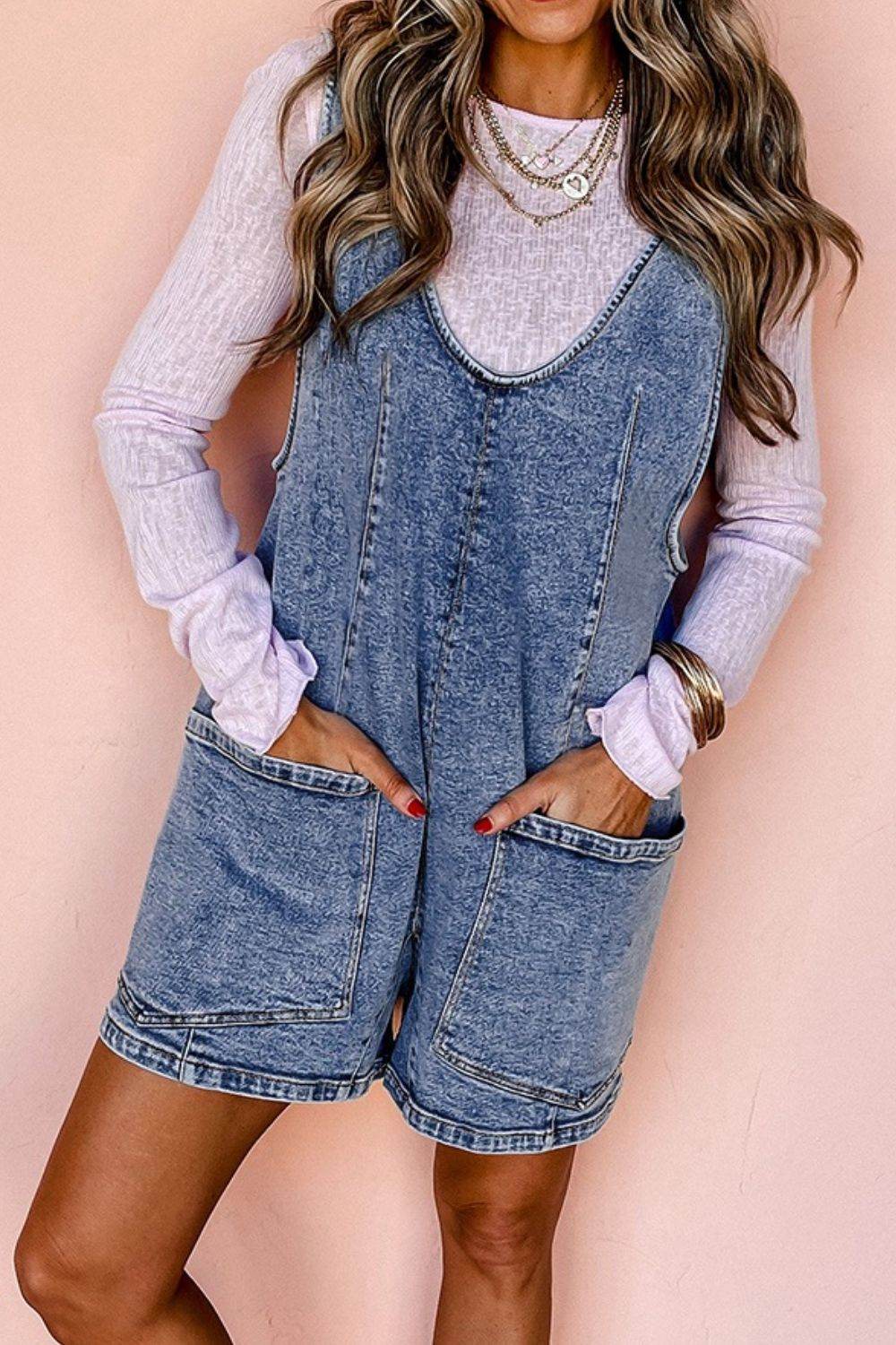 U Neck Patched Pocket Denim Overalls - UnLaced Boutique