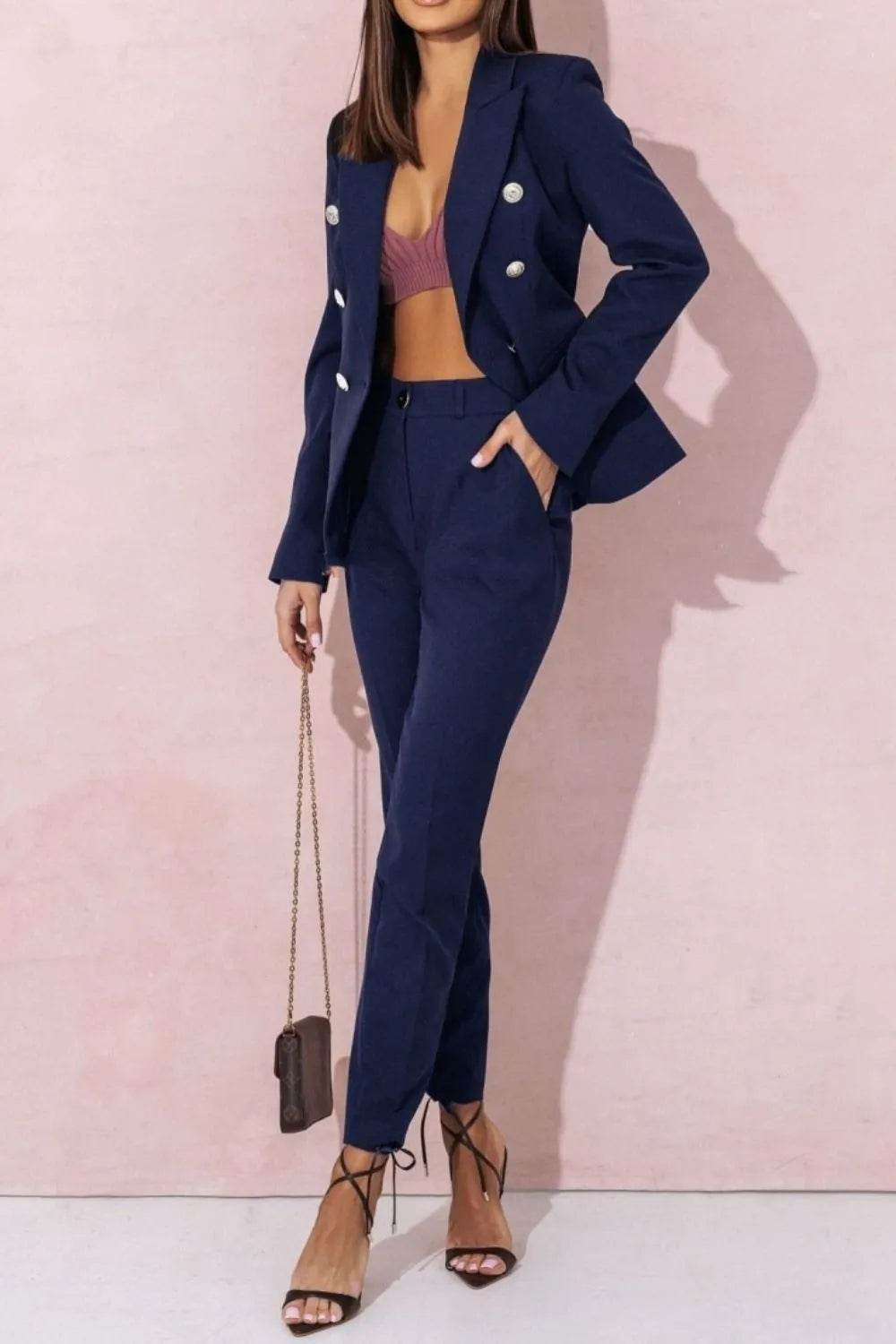 Full Size Lapel Collar Long Sleeve Blazer and Pants Set Plus Size - UnLaced Boutique