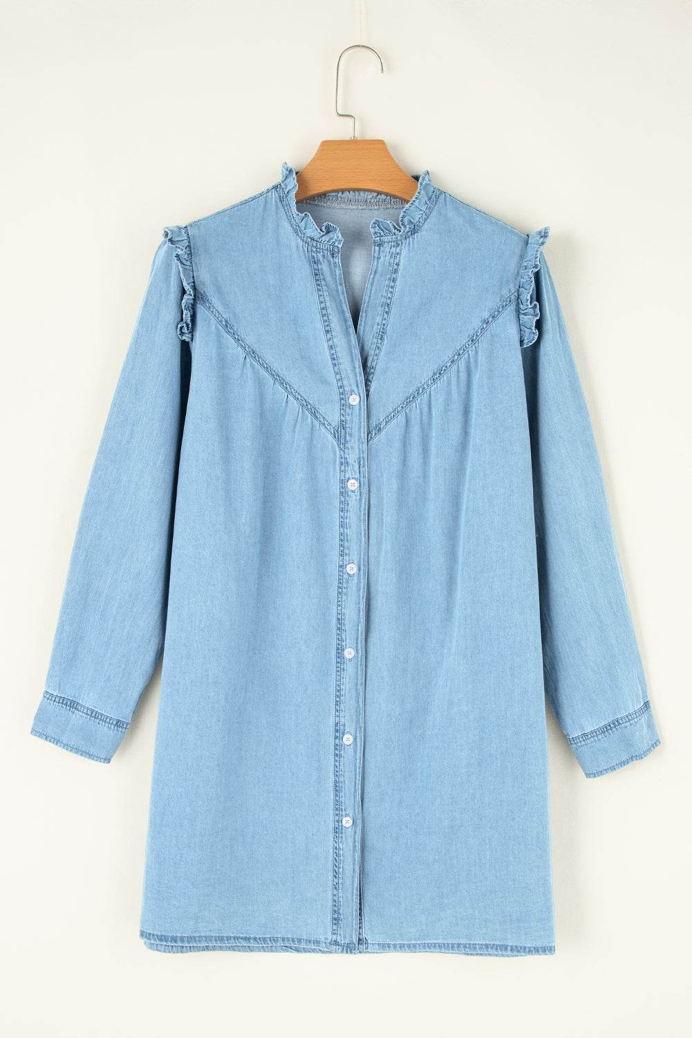 Button Up Notched Long Sleeve Denim Dress - UnLaced Boutique