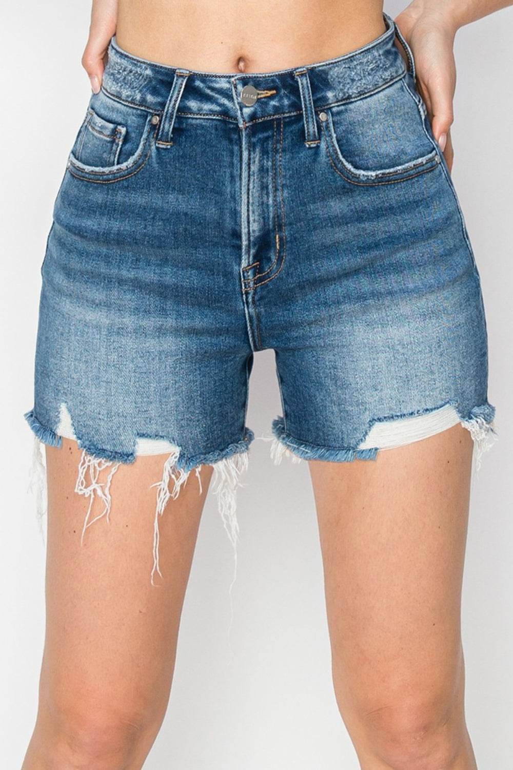 RISEN High Rise Raw Hem Distressed Denim Shorts - UnLaced Boutique