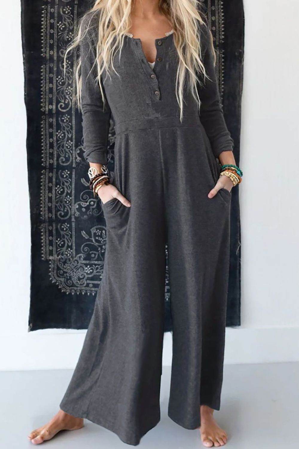 Pocketed Long Sleeve Wide Leg Jumpsuit - UnLaced Boutique