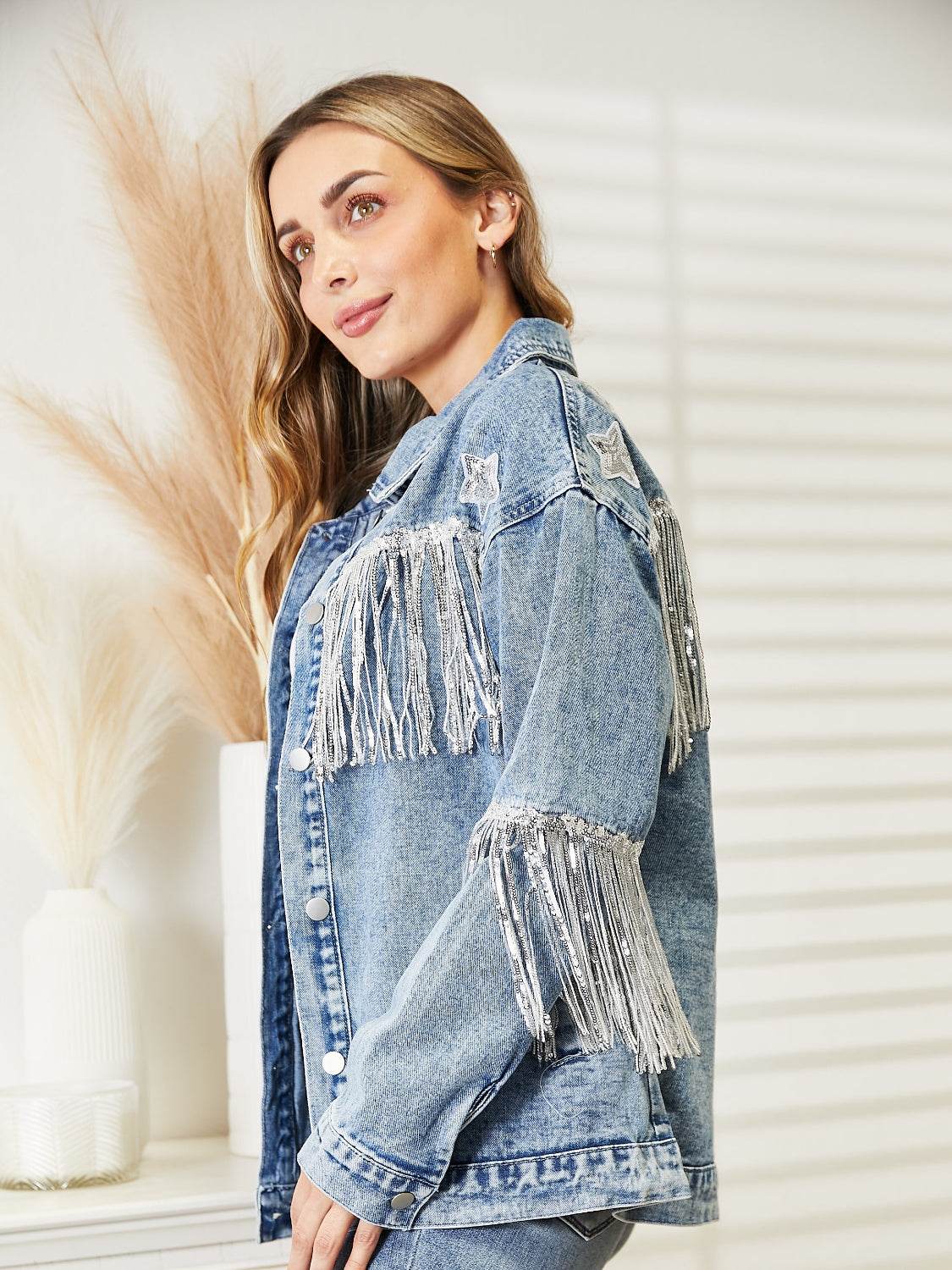 Fringe Detail Long Sleeve Denim Jacket - UnLaced Boutique