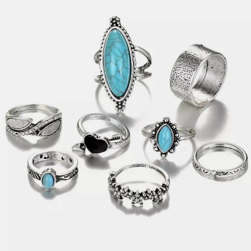 Turquoise Alloy 8-Piece Ring Set - UnLaced Boutique